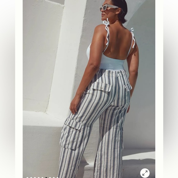 Pilcro Blue/White Stripe Linen Cotton Beach Wide Leg Baggy Cargo Pants - Picture 6 of 15